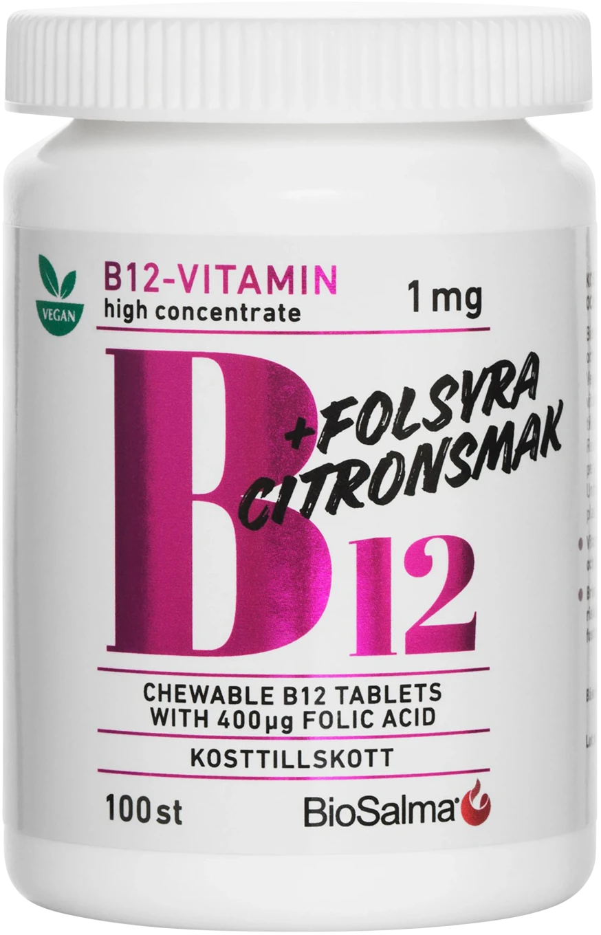 BioSalma B12-vitamin 1 mg + Folsyra 100 st tuggtabletter BioSalma
