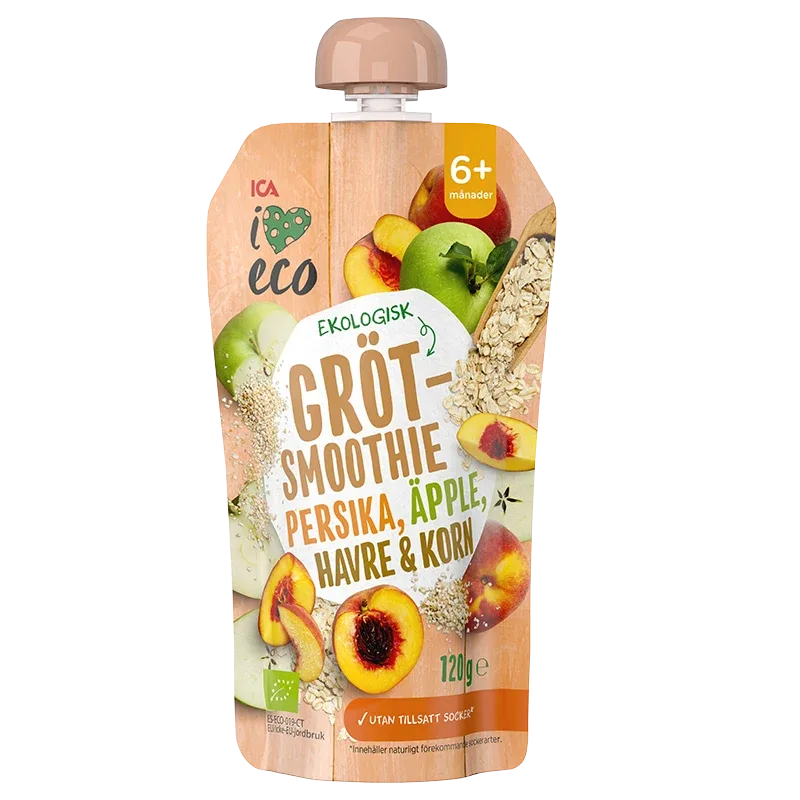 ICA I Love Eco Fruktgröt Persika Äpple HAVRE & Korn 120 g ICA I Love Eco