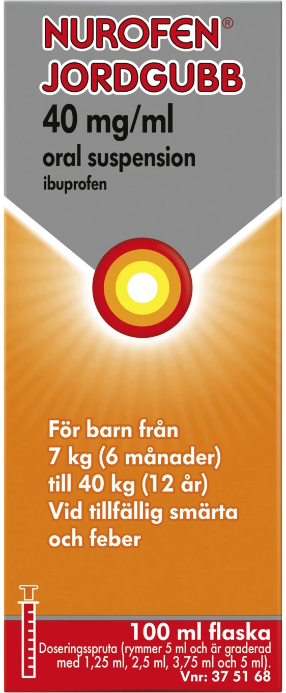 Nurofen Jordgubb Oral suspension 40mg/ml Plastflaska, 100 ml med doseringsspruta Nurofen