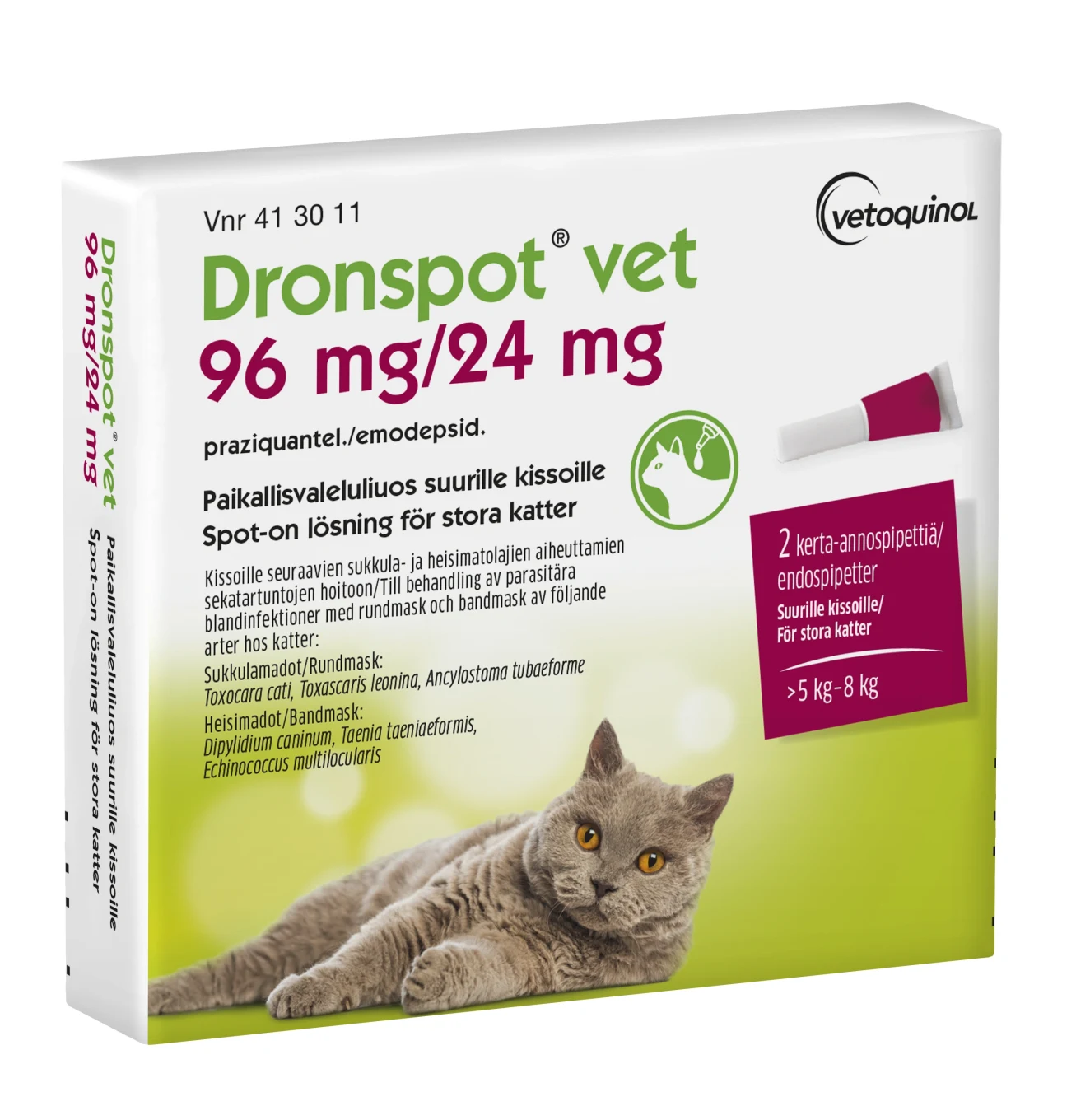 Dronspot vet Spot-on, lösning 96mg/24mg Pipett i blisterförpackning, 2st (2x1,12ml) Dronspot