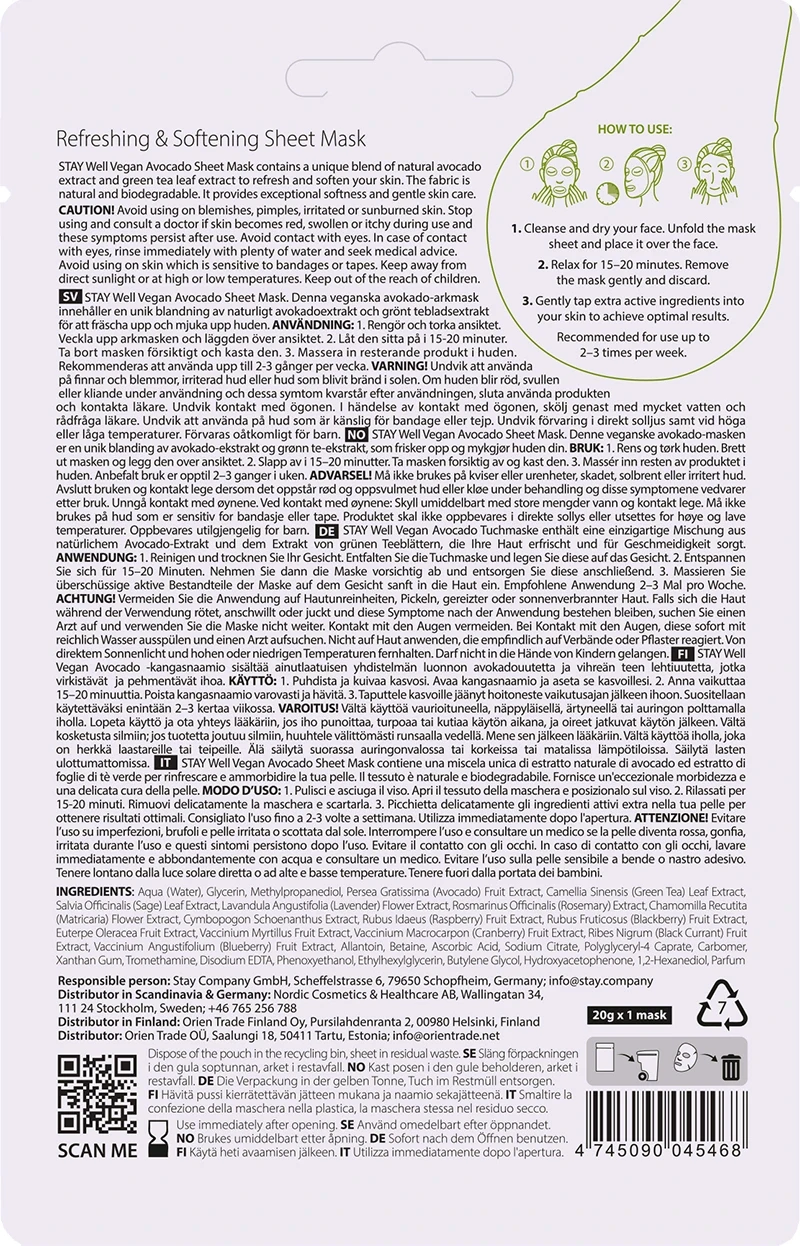Stay Well Vegan Sheet Mask Avocado 1 st Stay Well
