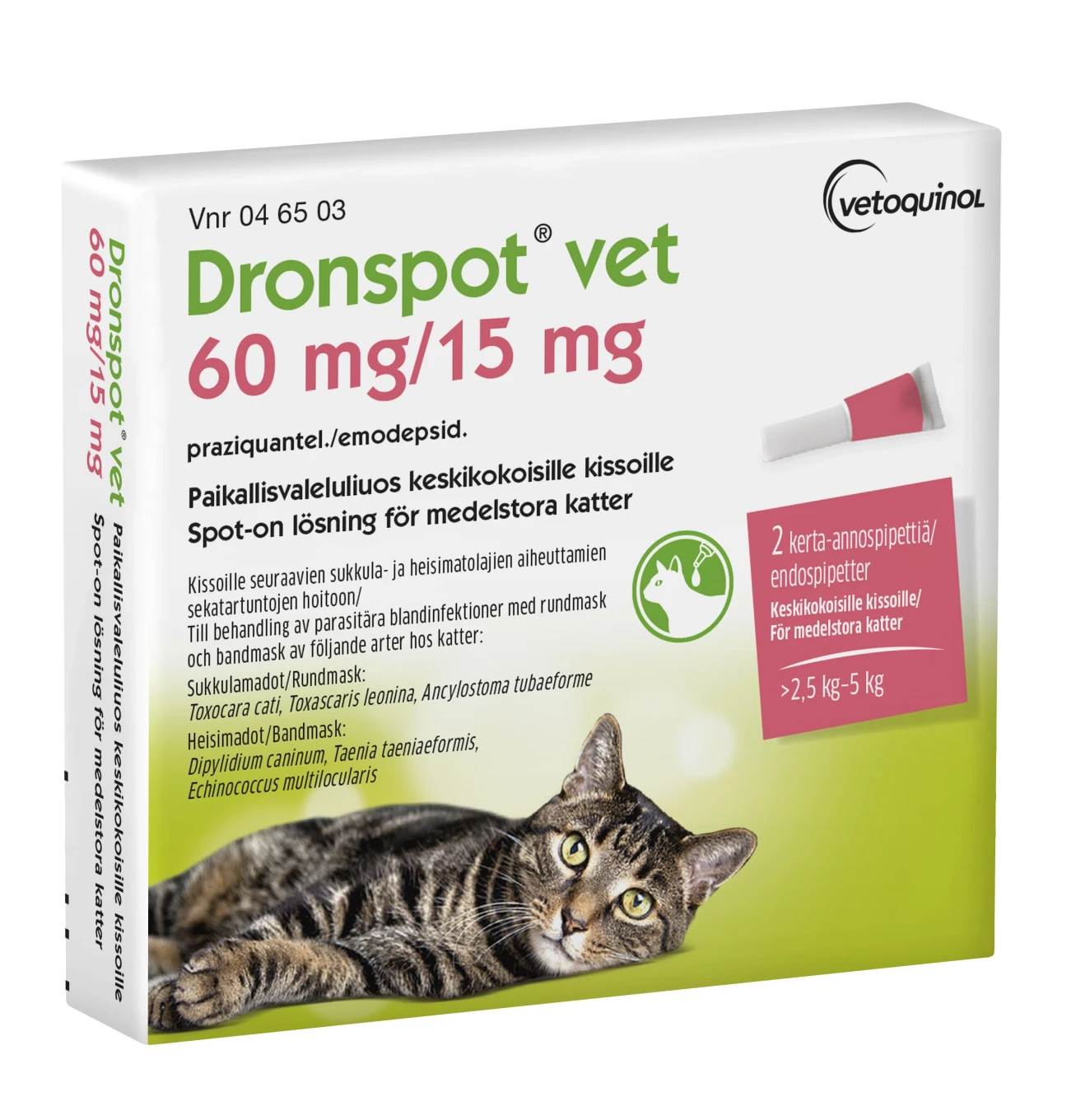 Dronspot vet Spot-on, lösning 60mg/15mg Pipett i blisterförpackning, 2st (2x0,70ml) Dronspot