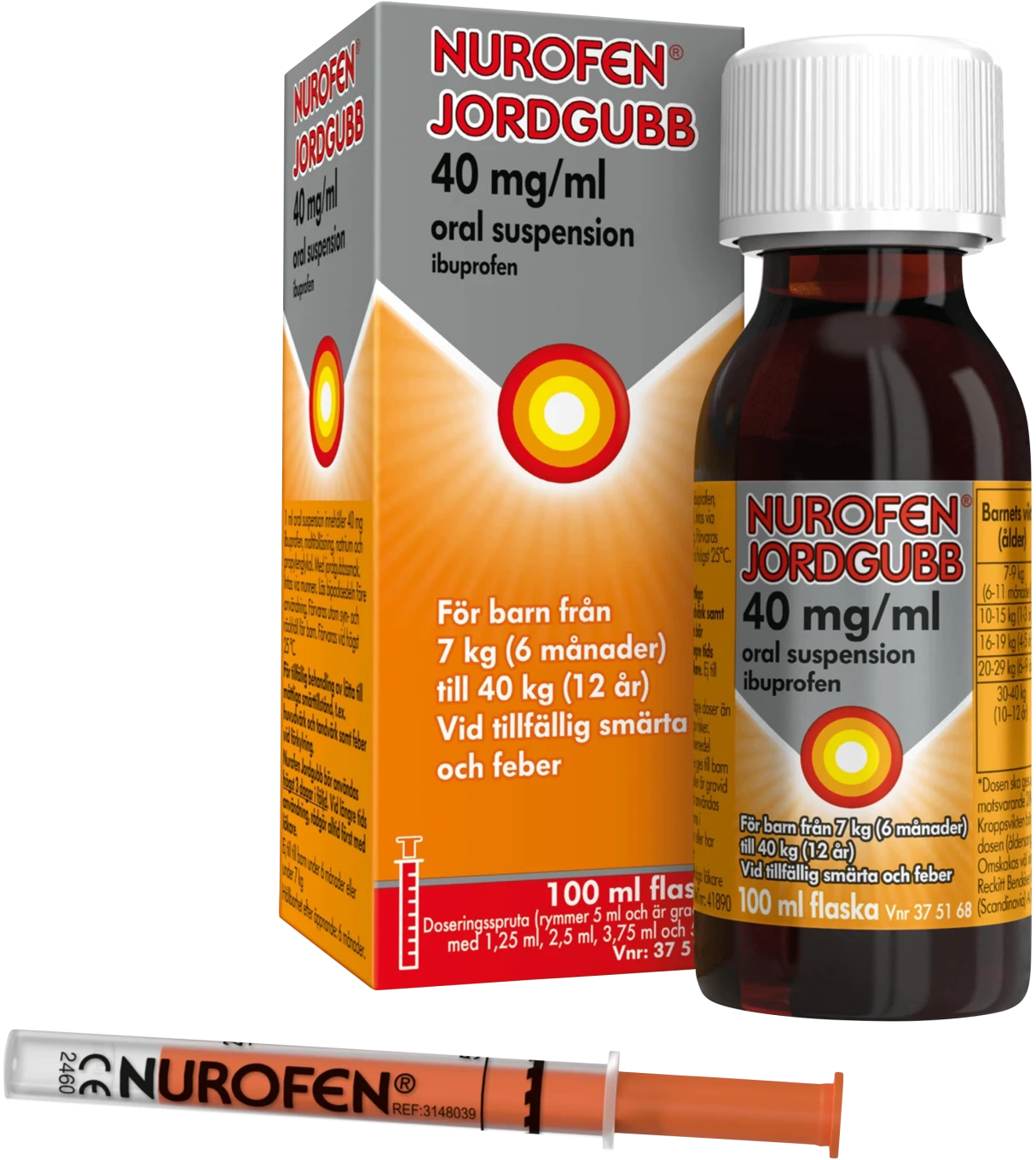 Nurofen Jordgubb Oral suspension 40mg/ml Plastflaska, 100 ml med doseringsspruta Nurofen