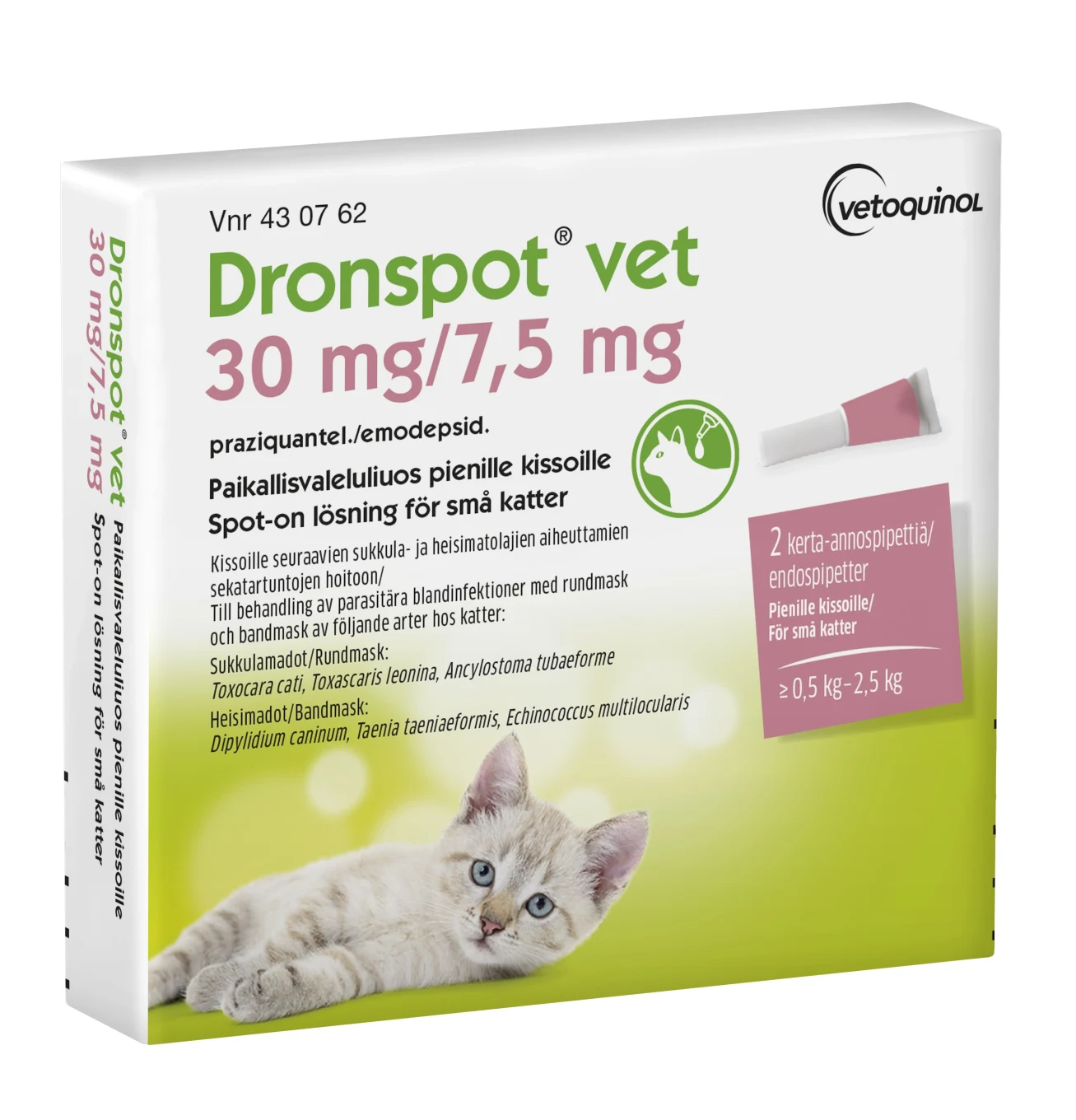 Dronspot vet Spot-on, lösning 30mg/7,5mg Pipett i blisterförpackning, 2st (2x0,35ml) Dronspot