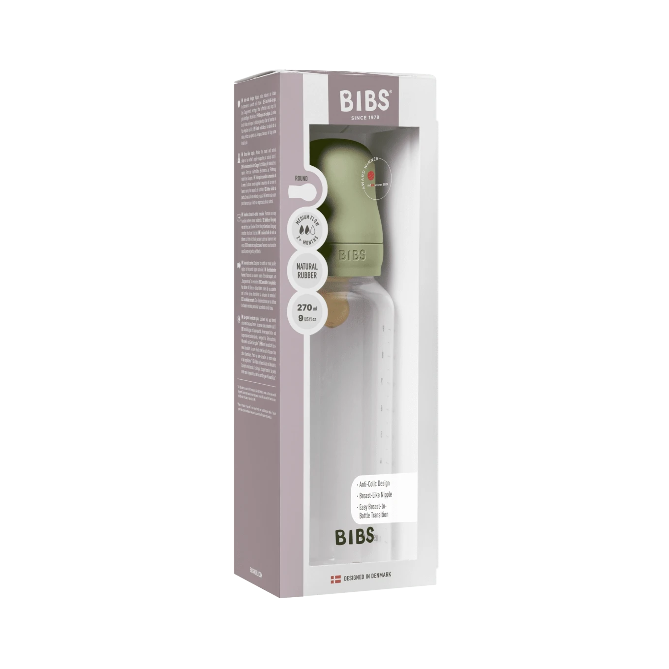 BIBS Baby Bottle Round Latex Medium Flow Sage 270 ml 1-pack Bibs