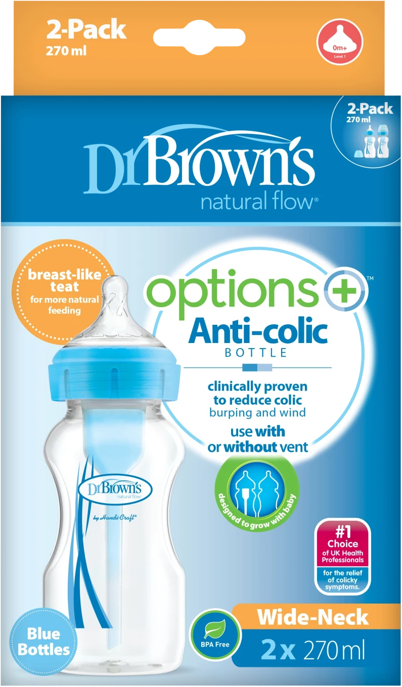 Dr. Brown's Options+ Nappflaska 270 ml Bred Hals Blå 2-pack Dr Browns