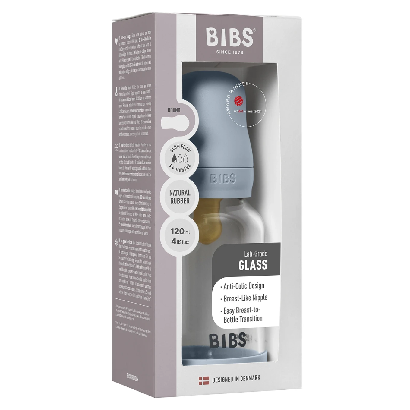 BIBS Glass Baby Bottle Round Latex Slow Flow 120 ml Baby Blue Bibs