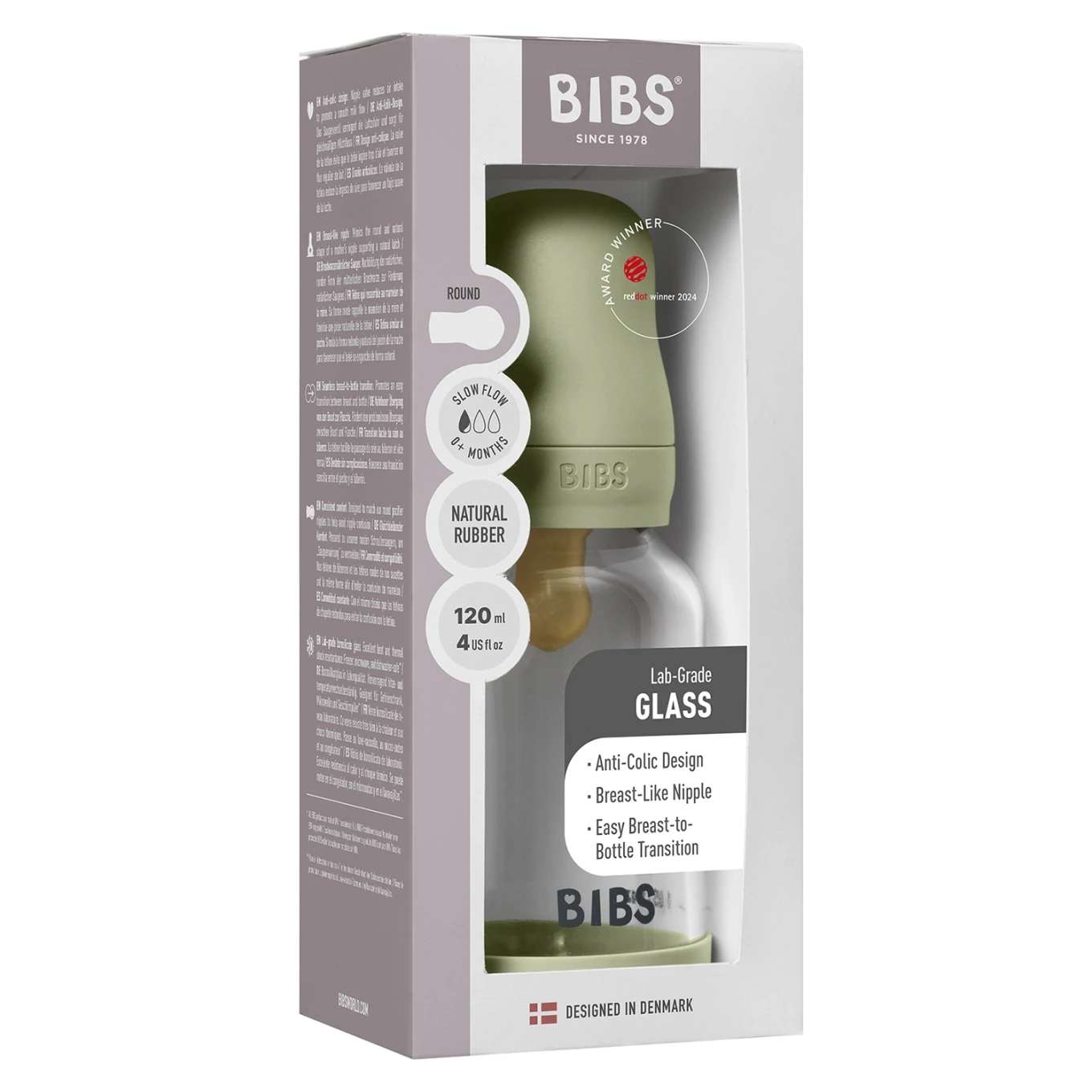 BIBS Glass Baby Bottle Round Latex Slow Flow 120 ml Sage Bibs
