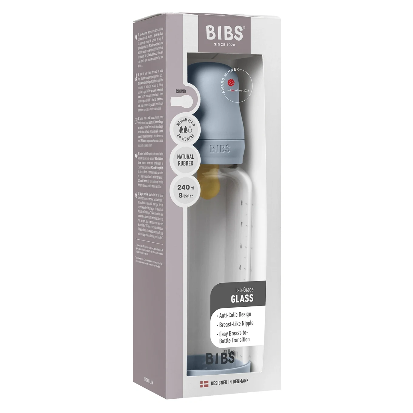 BIBS Glass Baby Bottle Round Latex Medium Flow 240 ml Baby Blue Bibs