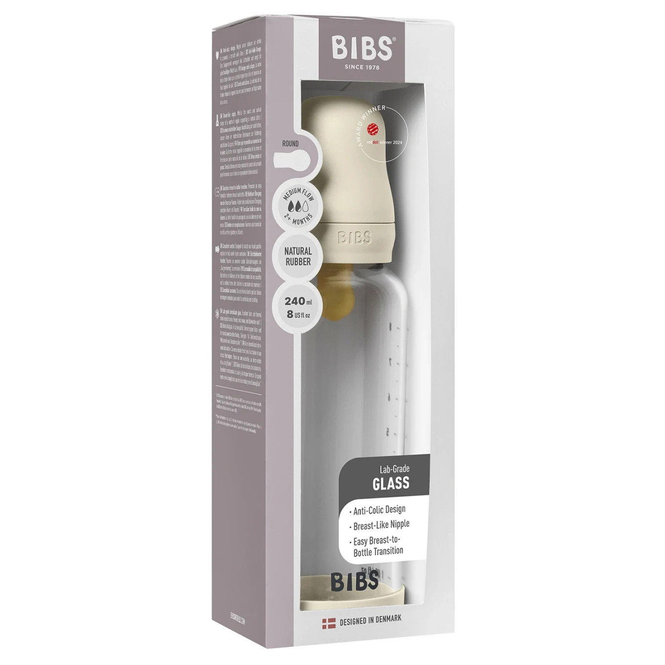 BIBS Glass Baby Bottle Round Latex Medium Flow 240 ml Ivory Bibs