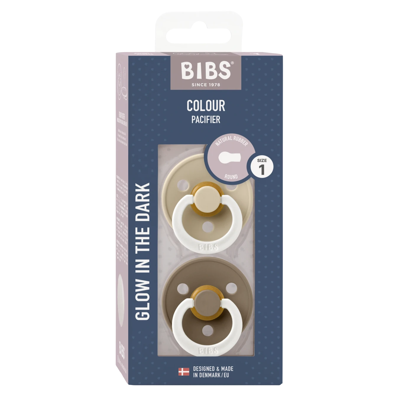 BIBS Pacifier Colour Latex Vanilla Glow/Dark Oak Glow 2-pack Size 1 Bibs
