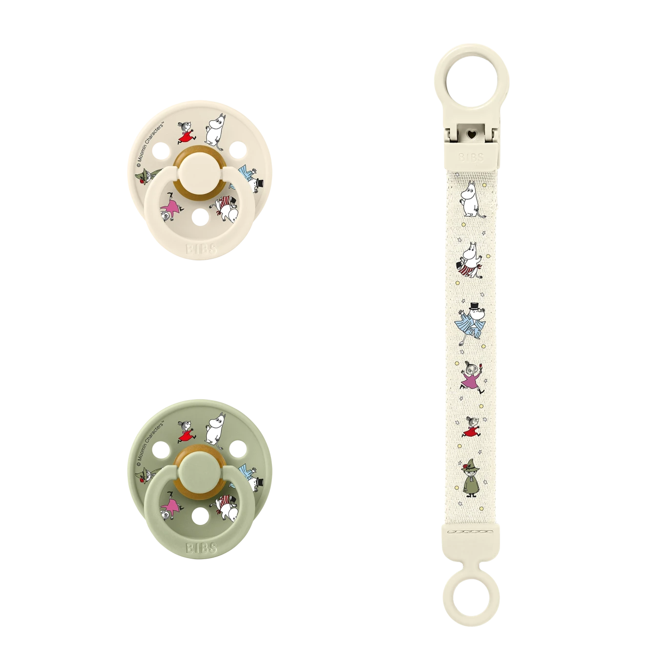 Bibs x Moomins Colour Pacifier & Loop Clip Gift Set Latex Size 2 Ivory/Sage Bibs