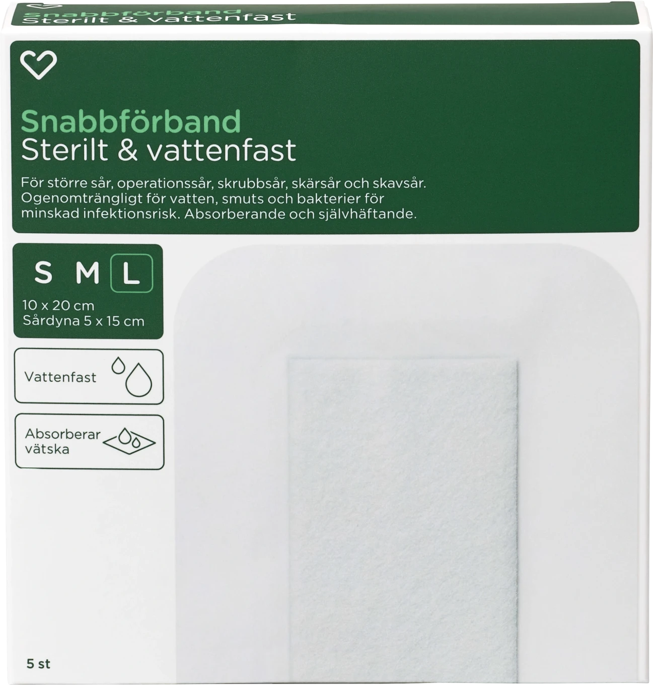Hjärtats Snabbförband Sterilt Vattenfast 10cm x 20cm 5st Hjärtats