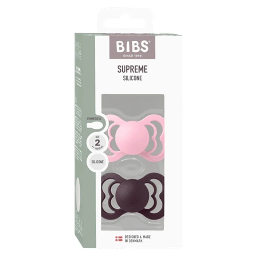 BIBS Pacifier Supreme Silicone Baby Pink/Plum 2-pack Size 2 Bibs