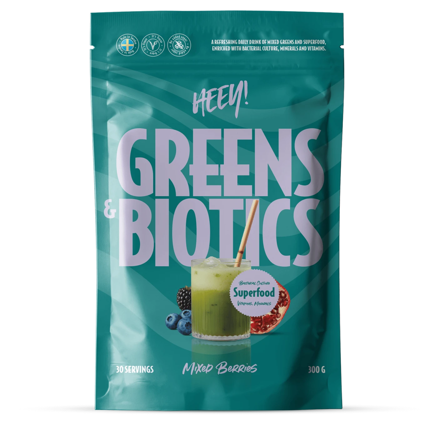 Heey! Greens & Biotics Superfood Mixade Bär 300 g Heey!