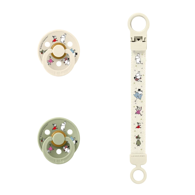 Bibs x Moomins Colour Pacifier & Loop Clip Gift Set Latex Size 2 Ivory/Sage Bibs