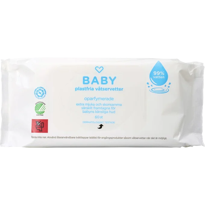Hjärtats Baby Plastfria Våtservetter 99% vatten Oparfymerade 60 st Hjärtats