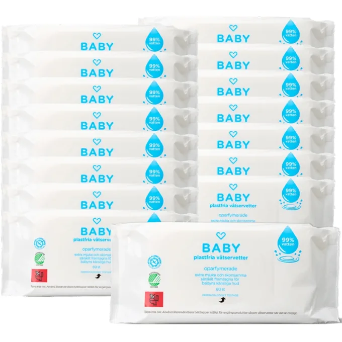 Hjärtats Baby Plastfria Våtservetter 99% vatten Oparfymerade Storpack 16x60 st Hjärtats