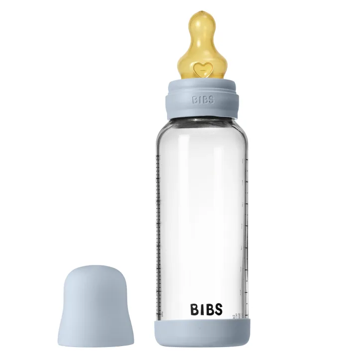 BIBS Glass Baby Bottle Round Latex Medium Flow 240 ml Baby Blue Bibs