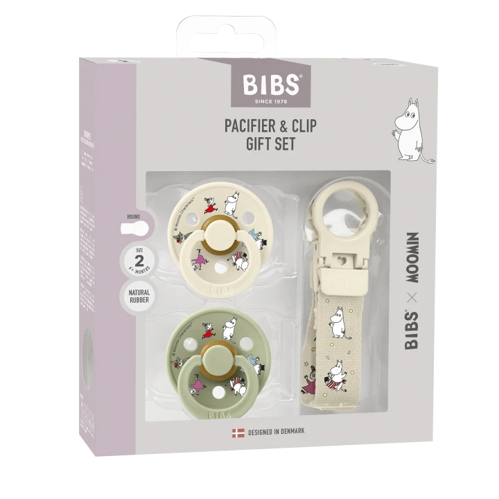 Bibs x Moomins Colour Pacifier & Loop Clip Gift Set Latex Size 2 Ivory/Sage Bibs