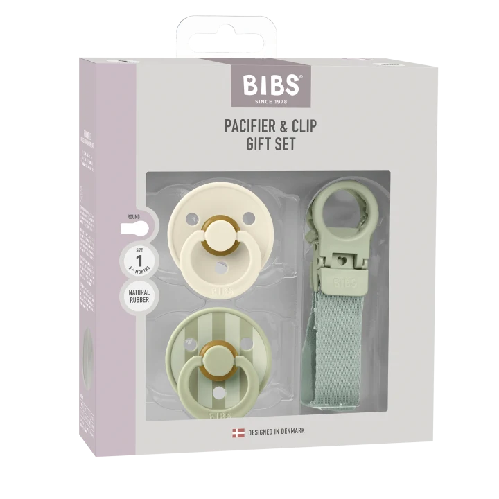 BIBS Colour Pacifier & Loop Clip Gift Set Latex Size 1 Sage Bibs