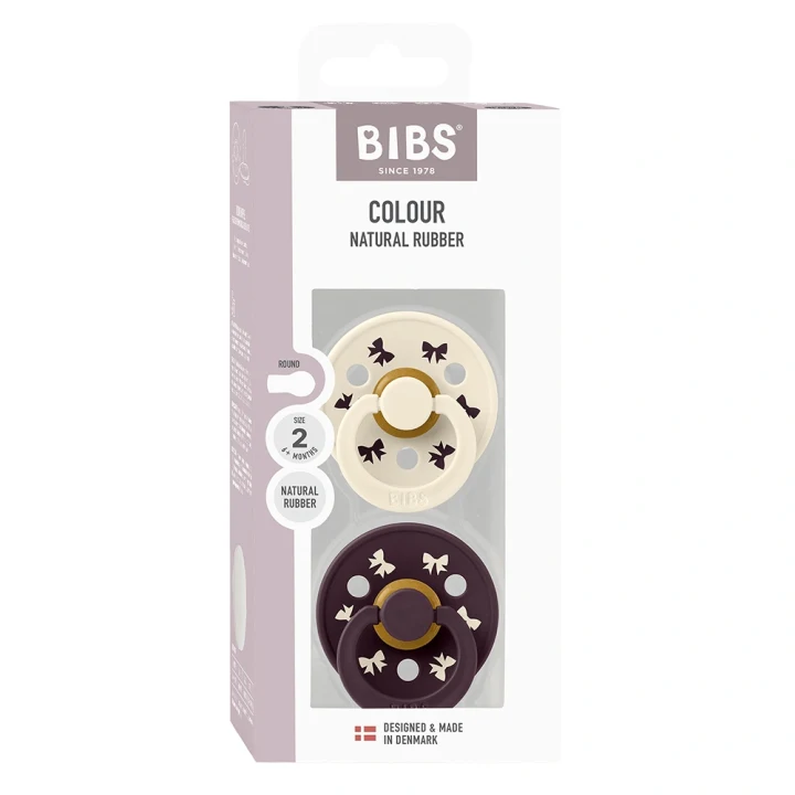 BIBS Pacifier Colour Holiday Bow Latex Ivory/Plum 2 pack Size 2 Bibs