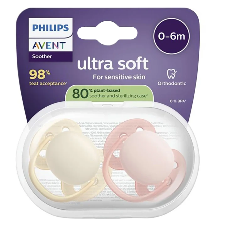 Philips Avent Ultra Soft Napp 0-6 mån 2-pack  Gul/Rosa Philips Avent