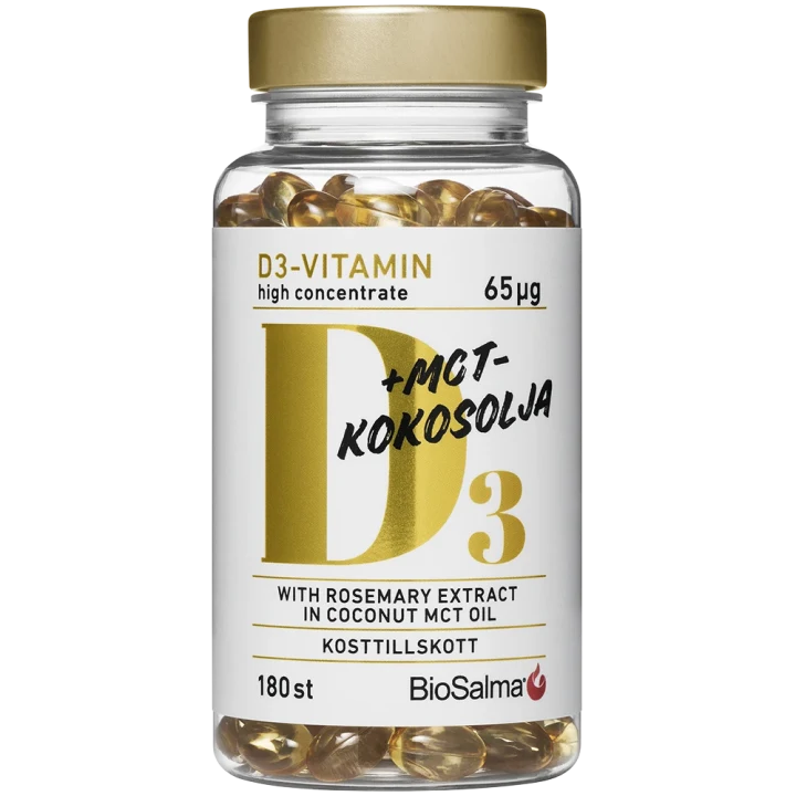 BioSalma D3-vitamin 65 μg i MCT-Kokosolja 180 kapslar BioSalma